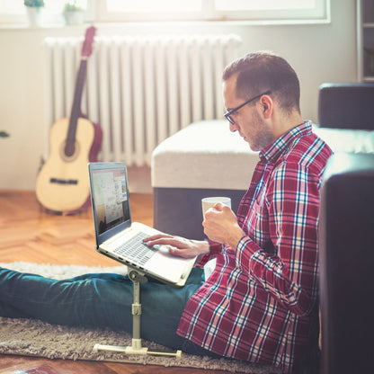 Aluratek Adjustable Ergonomic Laptop Cooling Table with Fan lifestyle siting down
