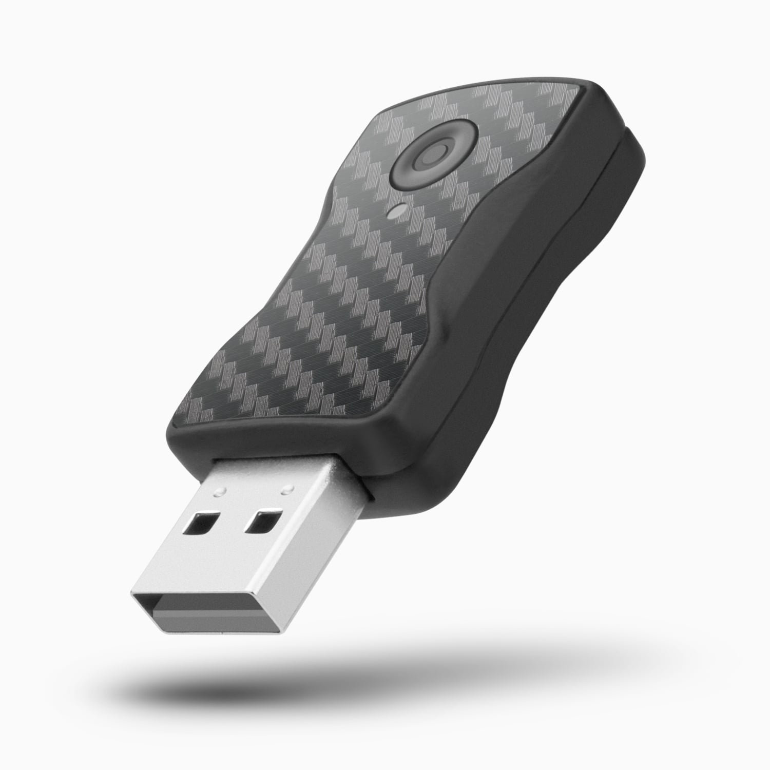 Compact wireless car adapter dongle on white background
