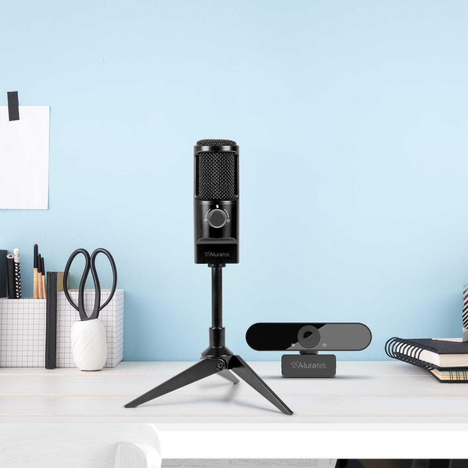 Aluratek Mic Cam Duo Pro Streaming Kit lifestyle desk