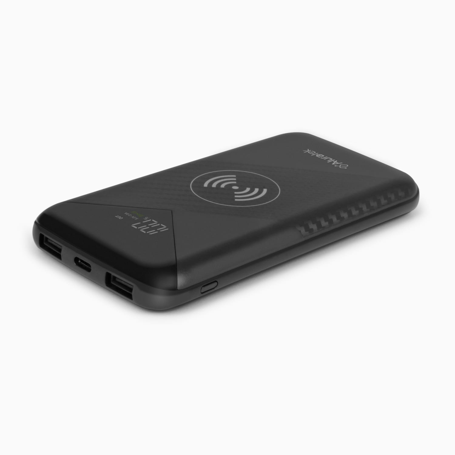 aluratek wireless charging 10k power bank front angle