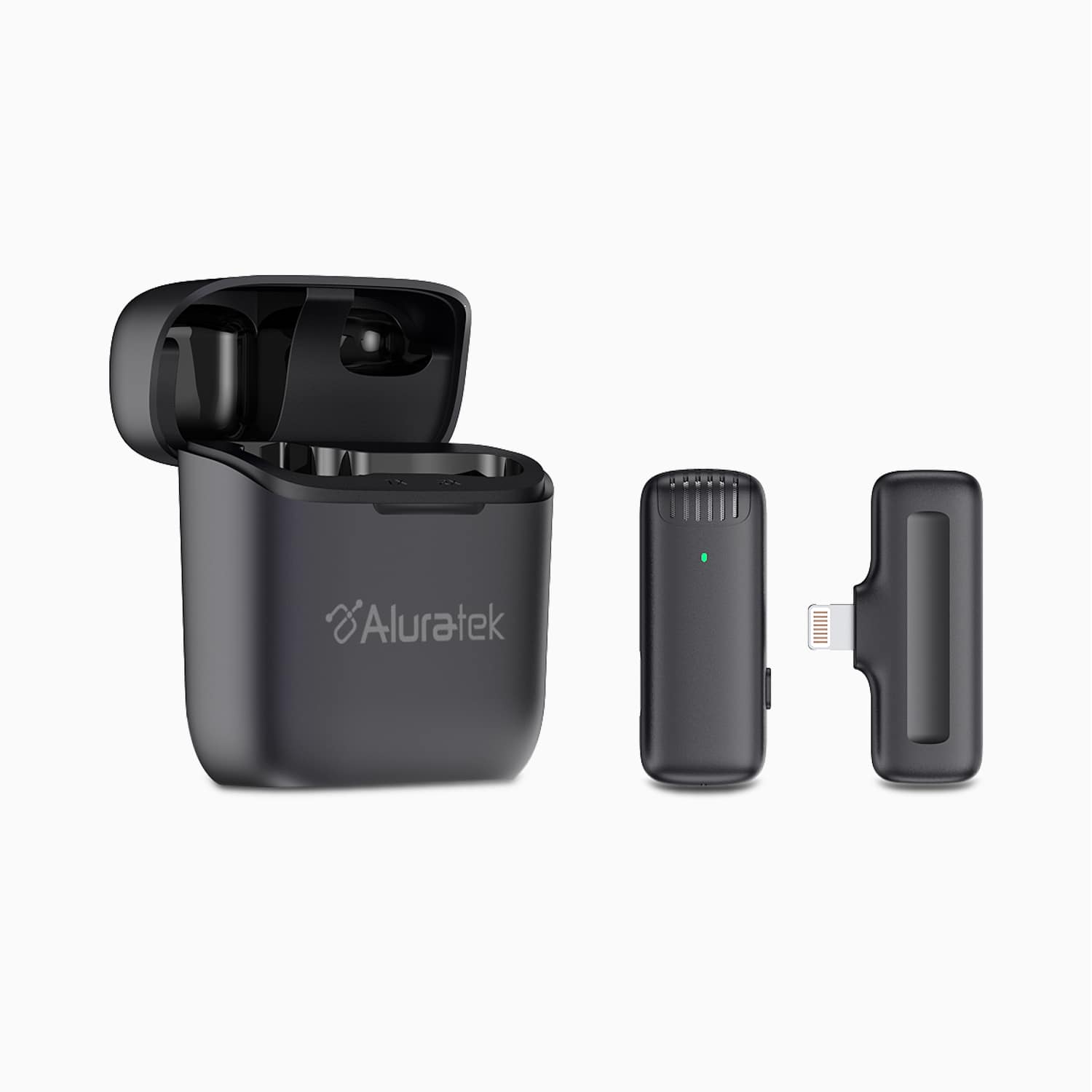 Aluratek Wireless USB-C Vlogging Lapel Microphone with Charging Case open angle