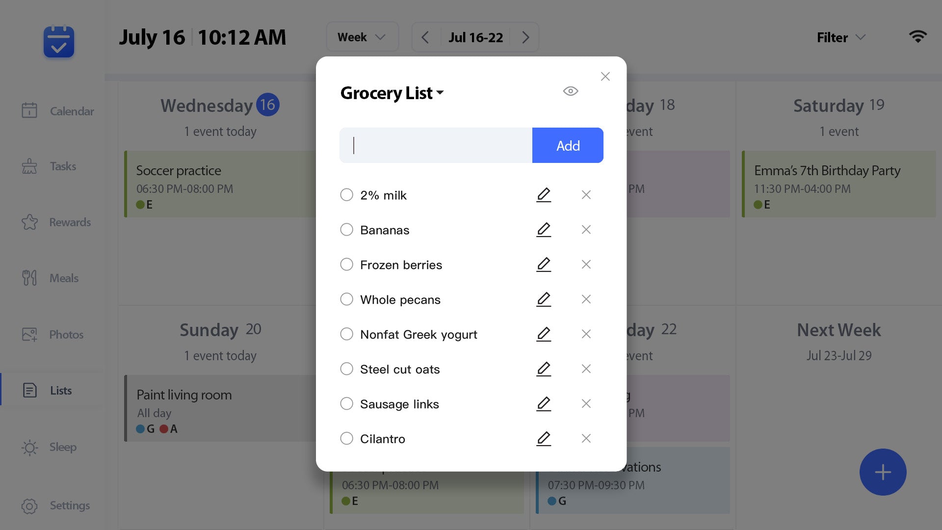 eCalendar Frame Lists Screen